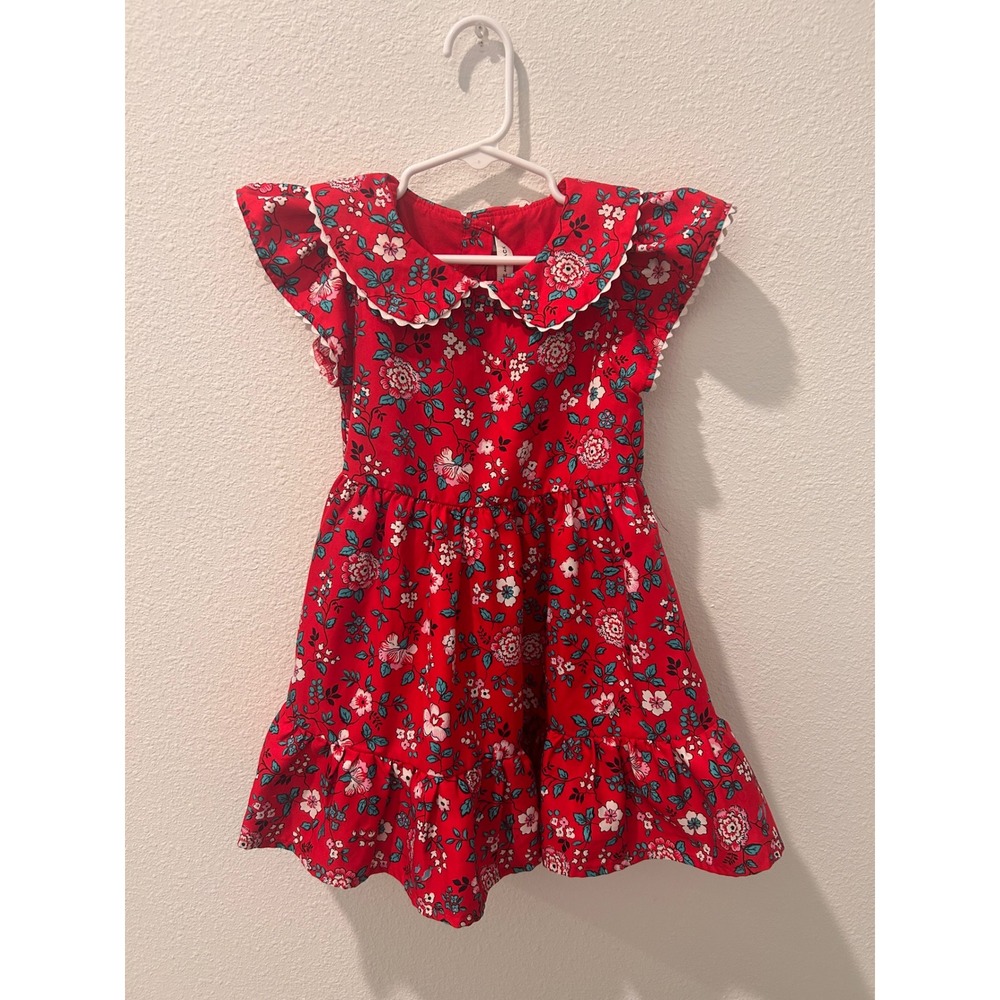 Janie and Jack Girls Red Floral Peter Pan Collar Flutter Sleeve Tiered Dress 3